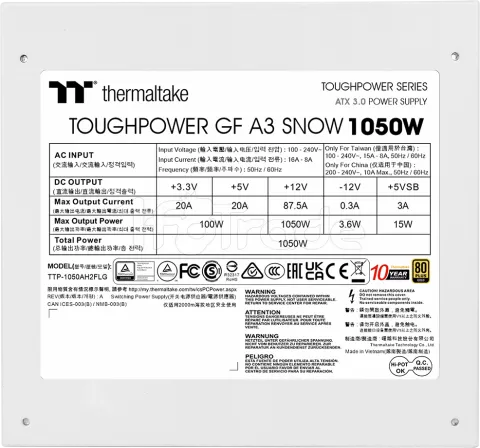 Photo de Alimentation ATX Thermaltake Toughpower GF A3 - 1050W (Blanc)