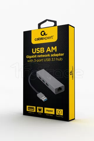 Photo de Carte Réseau CableXpert USB 3.0 vers RJ45 et Hub 3 ports