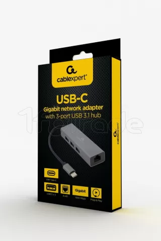 Photo de Carte Réseau CableXpert USB-C 3.1 vers RJ45 et Hub 3 ports