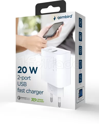 Photo de Chargeur secteur Gembird - 1x USB-C + 1x USB-A 20W (Blanc)