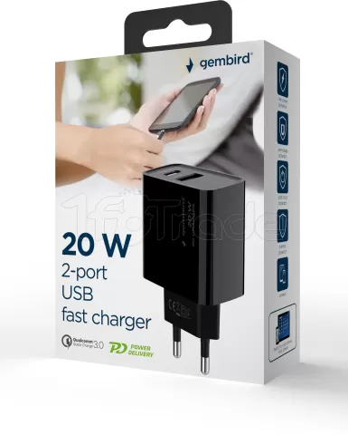 Photo de Chargeur secteur Gembird - 1x USB-C + 1x USB-A 20W (Noir)