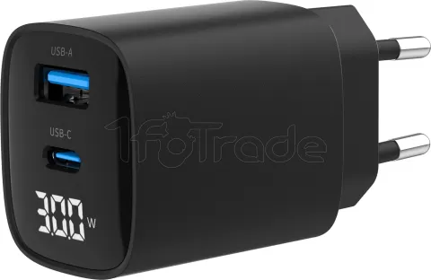 Photo de Chargeur secteur Gembird LCD - 1x USB-C + 1x USB-A 30W (Noir)