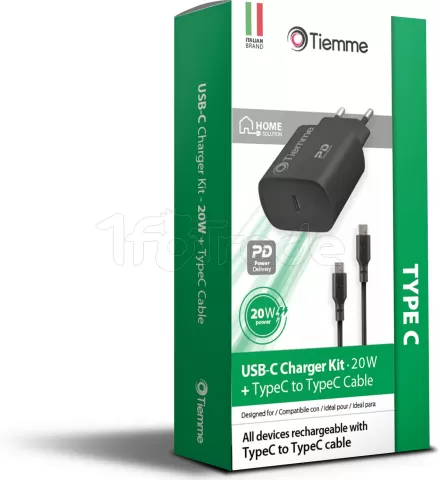 Photo de Chargeur secteur Tiemme 1 port USB 20W + Cable USB-C 1m (Noir)