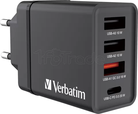 Photo de Chargeur secteur Verbatim GaN 3x ports USB-A + 1x port USB-C 30W (Noir)