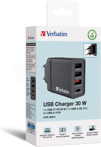 Photo de Chargeur secteur Verbatim GaN 3x ports USB-A + 1x port USB-C 30W (Noir)