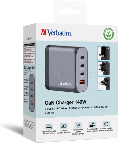 Photo de Chargeur secteur Verbatim GNC 1x port USB-A + 3x ports USB-C 140W (Noir)