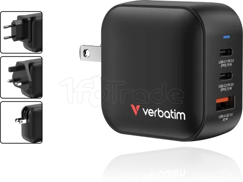 Photo de Chargeur secteur Verbatim Mini GaN 1x USB-A + 2x USB-C 70W (Noir)