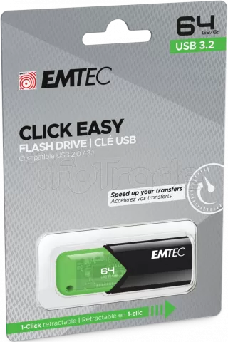 Photo de Clé USB 3.2 Emtec B110 Click Easy - 64Go (Noir/Vert)