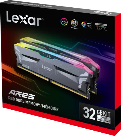 Photo de Kit Barrettes mémoire 32Go (2x16Go) DIMM DDR5 Lexar Ares RGB 6000MHz (Noir)