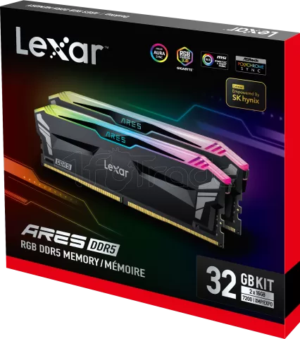 Photo de Kit Barrettes mémoire 32Go (2x16Go) DIMM DDR5 Lexar Ares RGB 7200MHz (Noir)