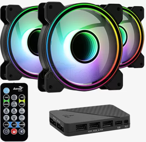 Photo de Lot de 3 Ventilateurs de boitier Aerocool Mirage Pro RGB 12cm (Noir) avec hub et télécommande