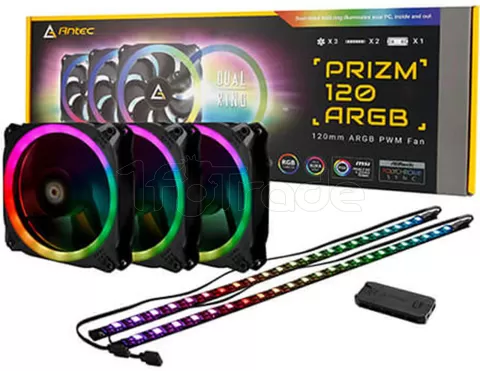 Photo de Lot de 3 Ventilateurs de boitier Antec Prizm 120 RGB 3+2+C 12cm avec 2x bandeaux LED (Noir)