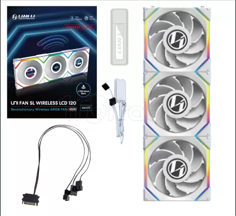 Photo de Lot de 3 Ventilateurs de boitier Lian Li Uni Fan SL Wireless LCD Reverse RGB - 12cm (Blanc)