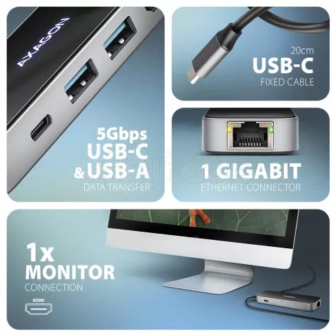 Photo de Station d'accueil portable USB-C 3.2 Axagon 6en1 (Gris)