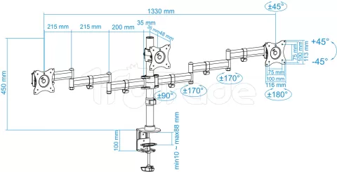 Photo de Support triple-écran à fixer Tooq DB1327TN 13"-27" (8kg max) (Noir)